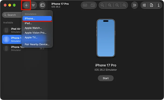 Device Hubのプラス（+）ボタンから追加するシミュレータのデバイス（iPhone）を選択