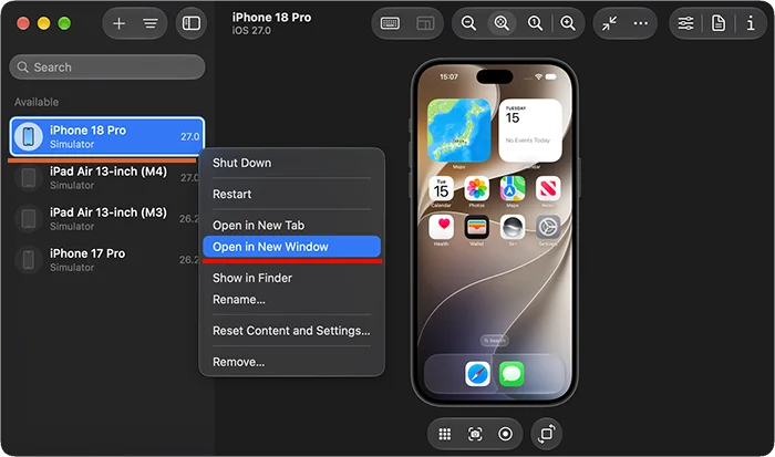 Device Hubで作成したデバイスと「Open in New Window」を選択