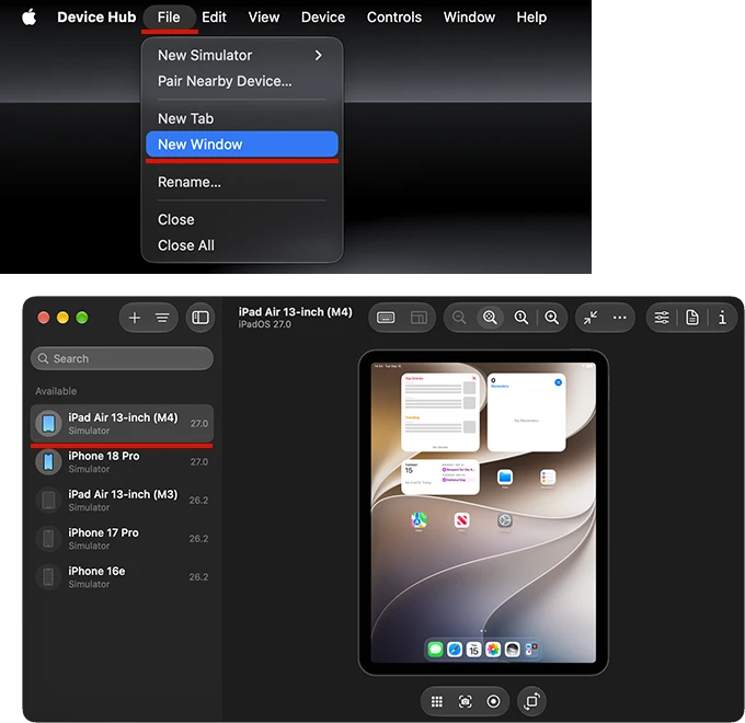 Device Hubのメニューバー「File」＞「New Window」から複数端末を起動する操作