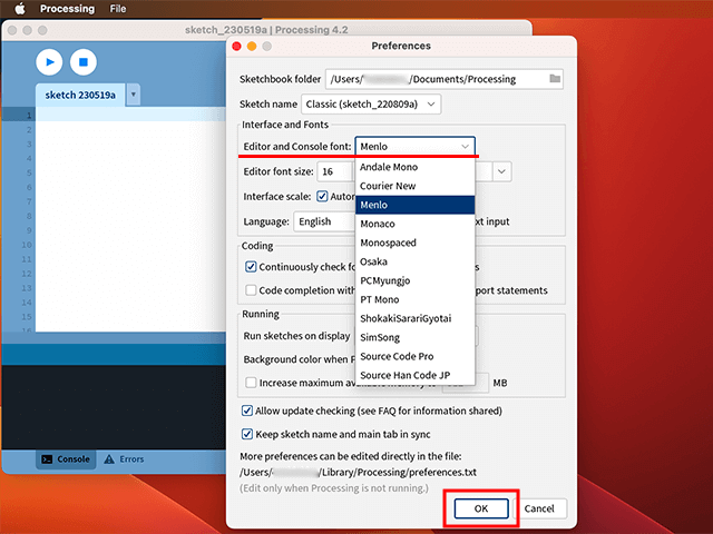Processingのエディタとコンソールのフォントを変更する（macOS）