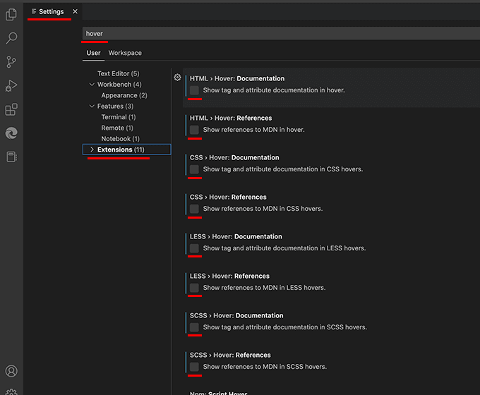 Visual Studio Codeのドキュメントやリファレンスの表示・非表示の設定