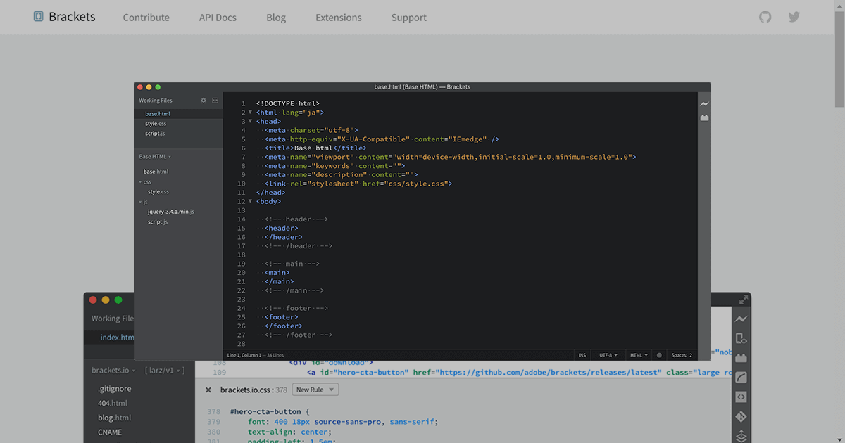 Adobe製の便利なテキストエディタ Brackets の導入と初期設定と最初の準備 Free Style