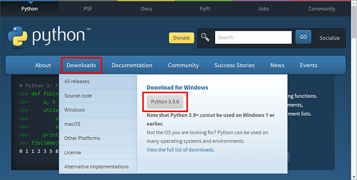 Windows版のPythonをダウンロード