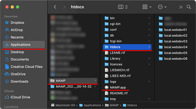 最新バージョンのMAMPのディレクトリ（htdocsとMAMP.app）