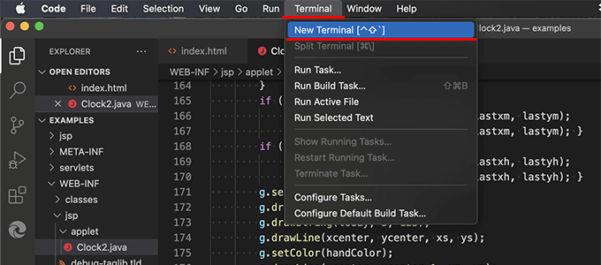 エディタ上部メニューの「Terminal」から「New Terminal」を選択して、新しいターミナルを起動