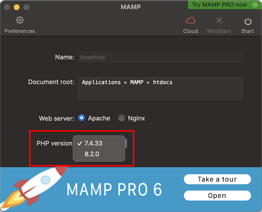 macOSのMAMPの仕様では、最新バージョンと1つ前のメジャーバージョンが利用できる