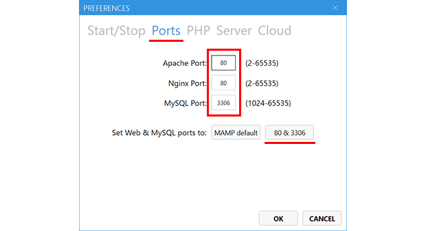 PortsのタブにてApacheやNginx、MySQLのポート番号を確認