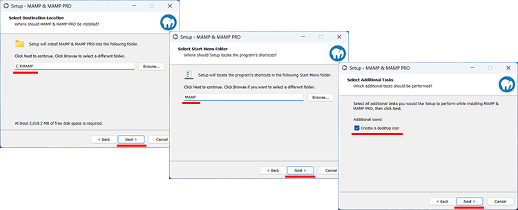 Windows版のMAMPのインストール作業（インストール先、フォルダ名、ショートカット）