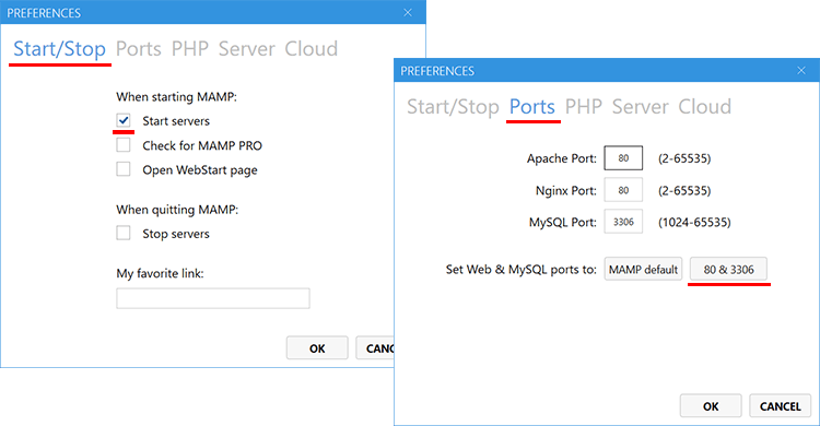 Windows版のMAMPの環境設定（Start/Stop、Ports）