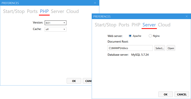 Windows版のMAMPの環境設定（PHP、Server）