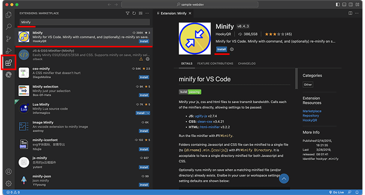 Visual Studio Codeの拡張機能「Minify」のインストール