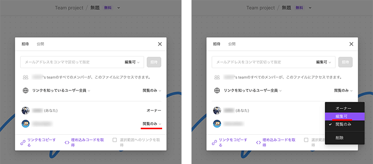 チームのプロジェクトであれば、自由にユーザーの共有権限を選択できる