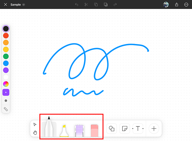 基本的に描画で使うツール（左からペンツール、マーカーペン、模様付きテープ、消しゴムツール）
