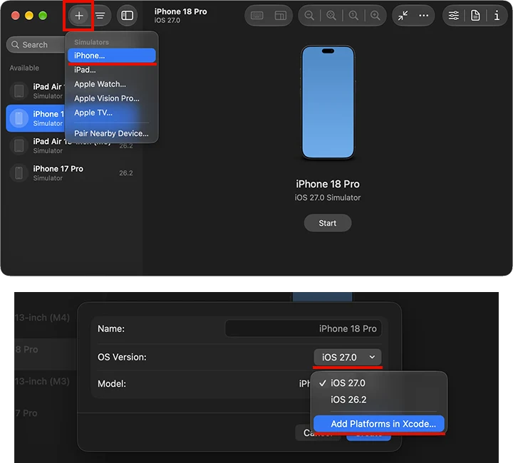 Device Hubのツールバーのプラス（+）ボタンから端末を選択して、OSのバージョン選択から「Add Platforms in Xcode…」をクリックします。