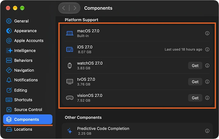 Componentsの設定から、Platform Supportの項目で最新バージョンの確認や追加が行えます。