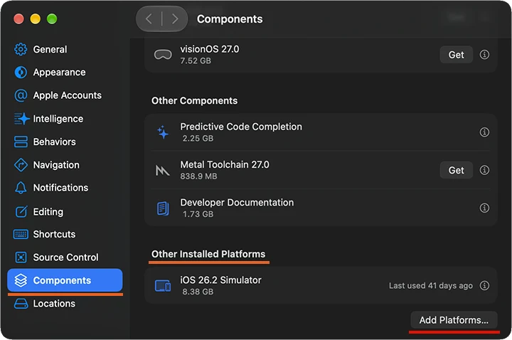 Device Hubの設定ウィンドウより、Componentsの設定から別のバージョンの追加に進みます。