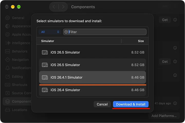 追加できる古いバージョンが一覧として並んでいるので、必要なバージョンを選択して「Download & Install」を選択して追加します。