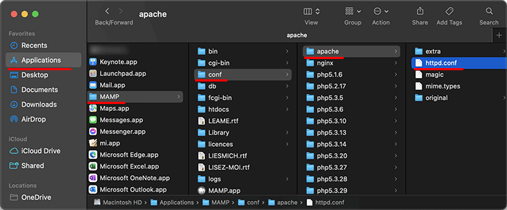 mod_rewriteモジュールの有効化の設定をするMAMPのhttpd.confファイルの場所