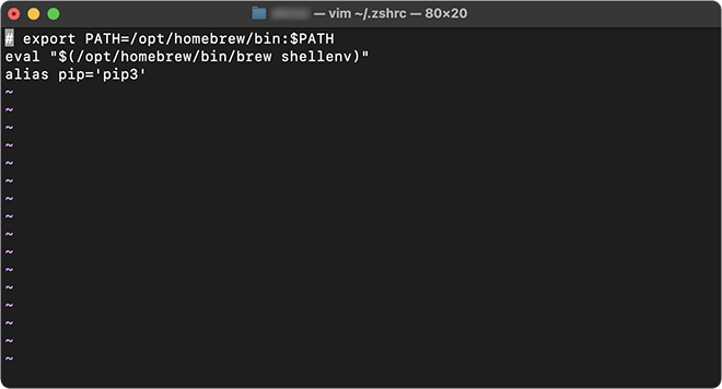 Vimエディタによる .zshrc の編集