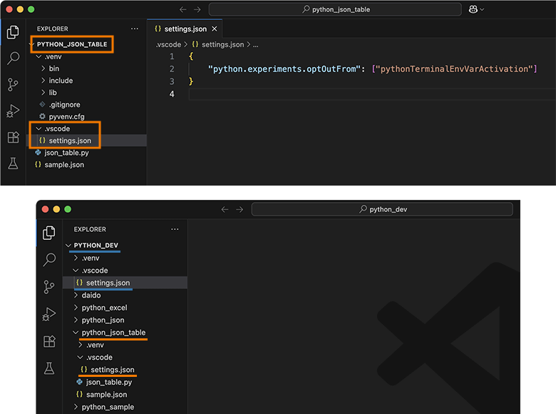 サブディレクトリの仮想環境のsettings.jsonに自動アクティベートを適用する設定を追加