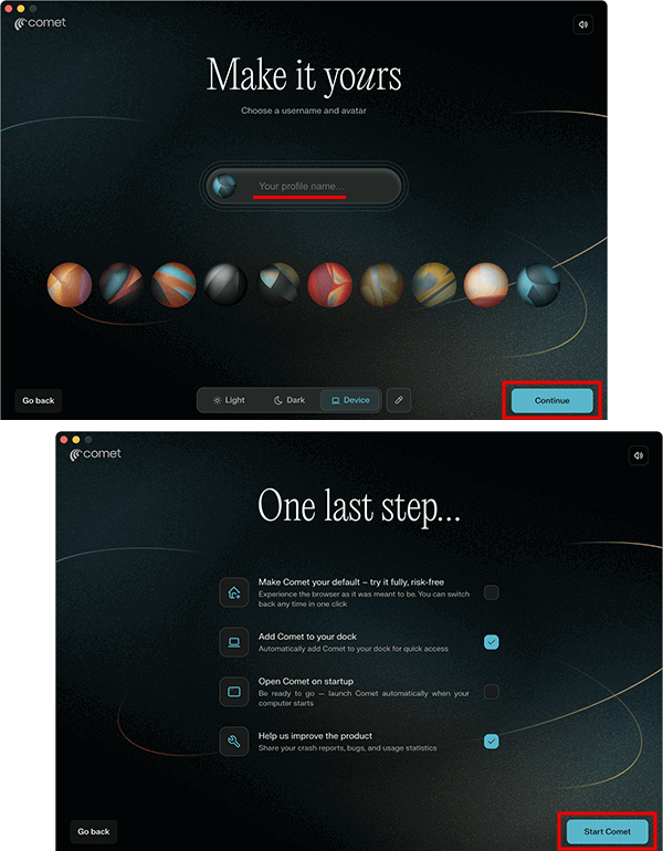 Cometの利用開始時のユーザー名とアバターの設定