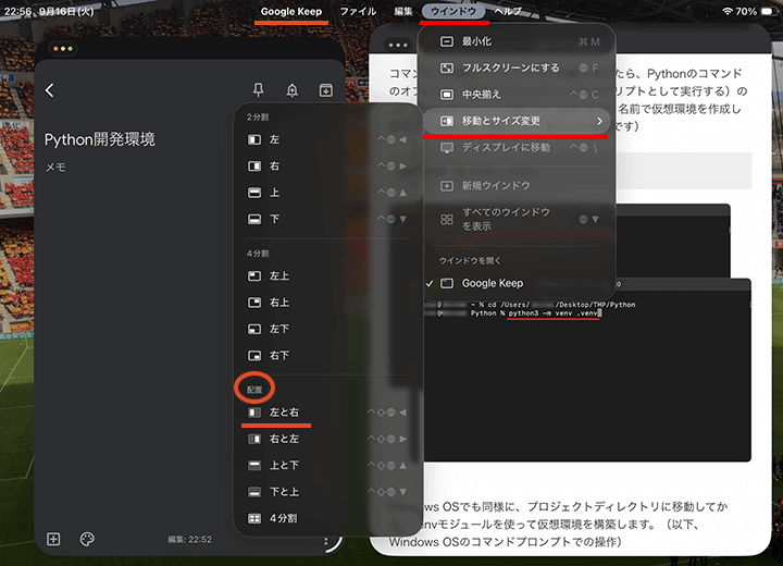 iPadのアプリケーションのウィンドウを左と右で分割表示