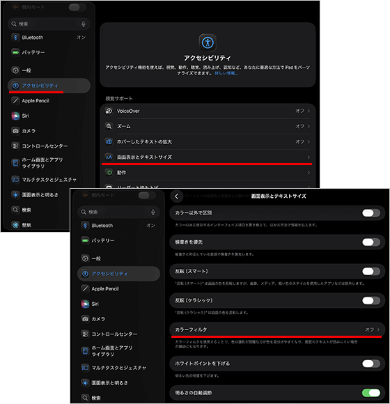 iPadのアクセシビリティの設定より、カラーフィルタの設定に進む