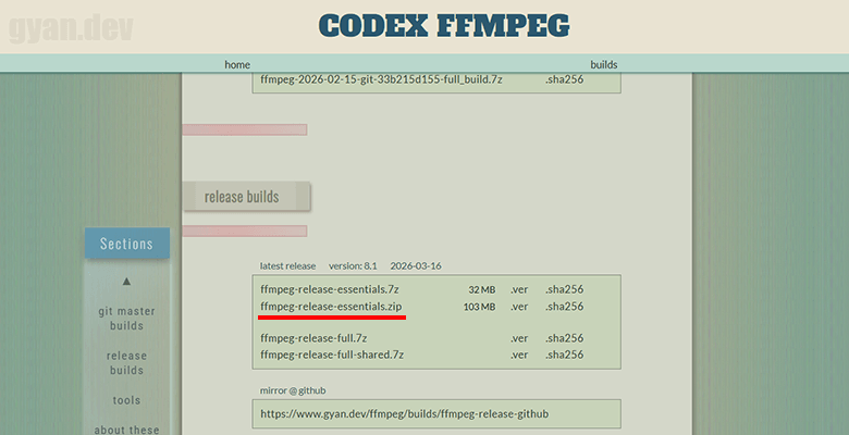 gyan.dev公式サイトからFFmpegをダウンロードする