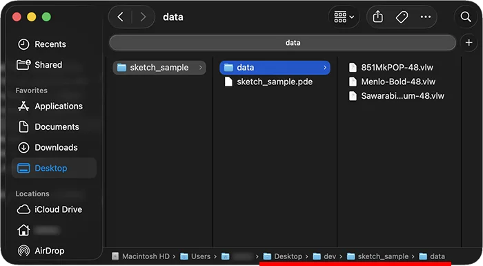 Processingのスケッチフォルダ「sketch_sample」のFinder画面。dataフォルダとコードファイル（pde）があるディレクトリ構造