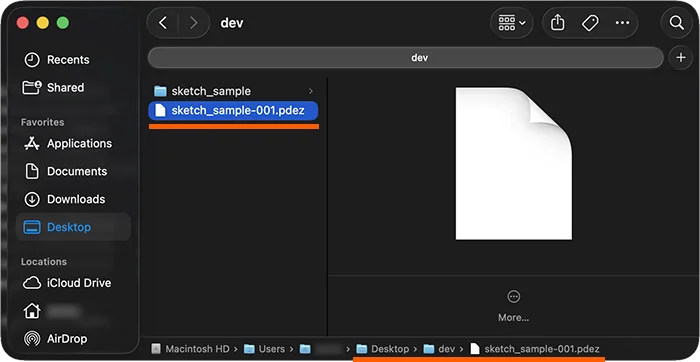 指定した「dev」フォルダ内に、配布用ファイル「sketch_sample-001.pdez」が生成されているのを確認。