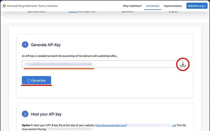 Generate API Key の項目で、「Generate」ボタンをクリックしてAPIキーを生成します。APIキーの右にあるダウンロードボタンを選択すると、生成されたAPIキー文字列をファイル名として、テキストファイルが作成されダウンロードできます。