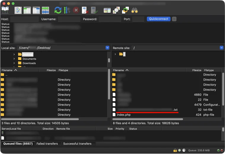 作成したテキストファイルを、FTPツール等を使ってサーバのルートディレクトリ（public_html 直下など）へアップロードします。